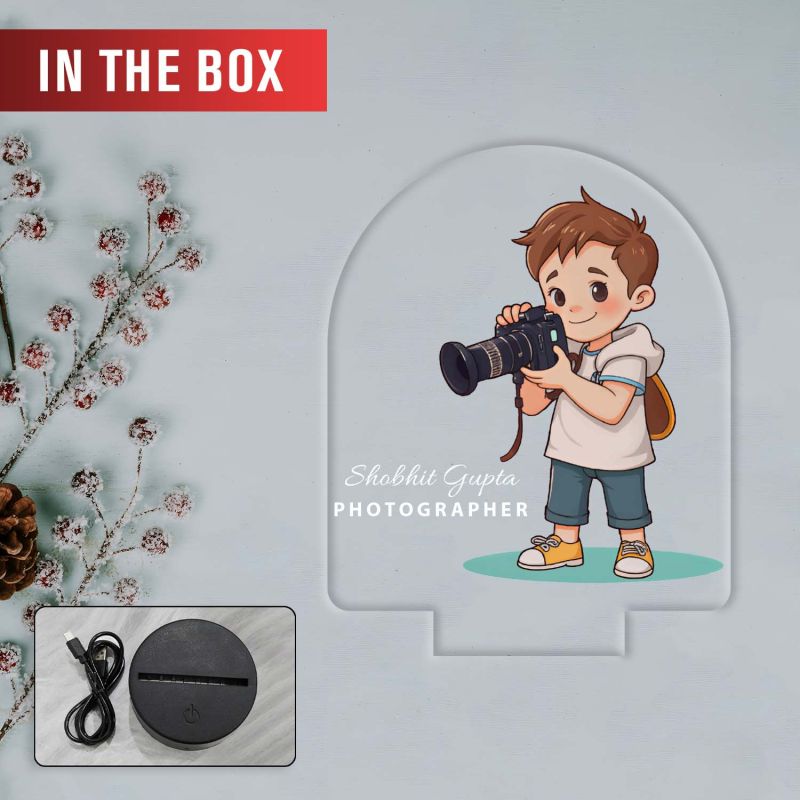 Personalized Photographer LED Night Light, Cartoon Boy with Camera Design, Warm White Acrylic Lamp Gift for Photographer Boy Office & Home Decor Light